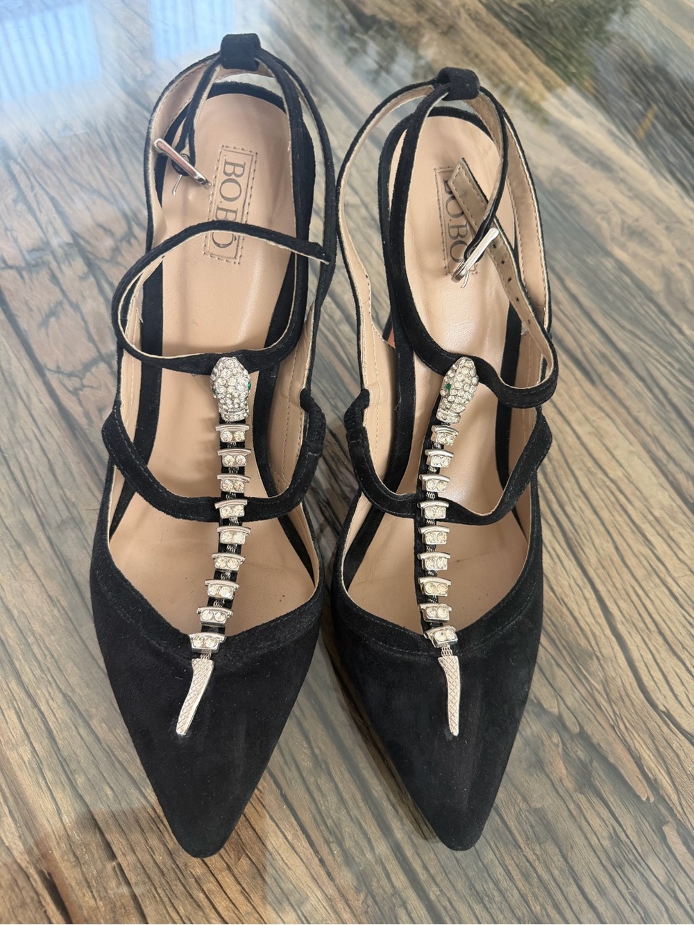 Skechers Black Suede Pointed T-Strap Heels with Rhinestone Snake Accent